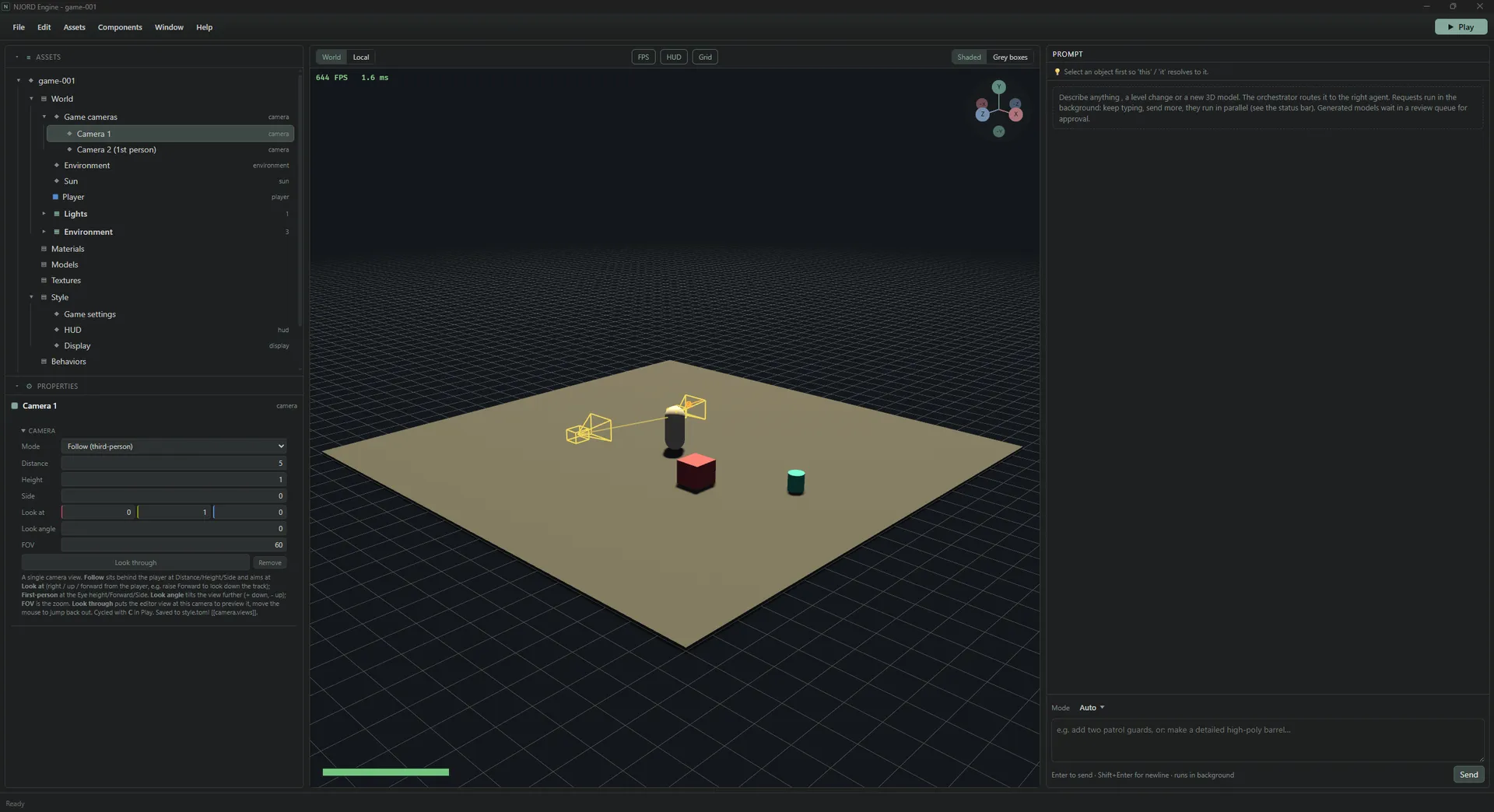 The NJORD Engine editor: the scene tree on the left, a grey-box level in the 3D viewport, and the prompt panel on the right where AI agents take requests.
